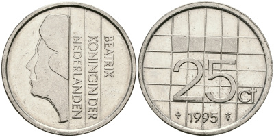 НИДЕРЛАНДЫ 25 ЦЕНТОВ 1995 БЕАТРИКС KM 204 никель 96-328