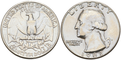 США 25 центов = квотер 1982 P, Вашингтон KM А164а медь плакированная медно-никелем 190-335
