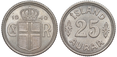 Исландия 25 эйре 1940 Кристиан X (1912-1944) KM 2.2 медно-никель UNC 4594-329