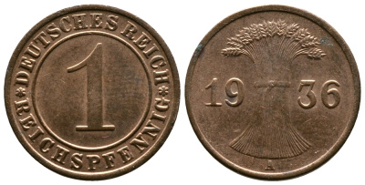 Германия 1 рейхспфенниг 1936 A KM 37, J. 313 бронза 220-156