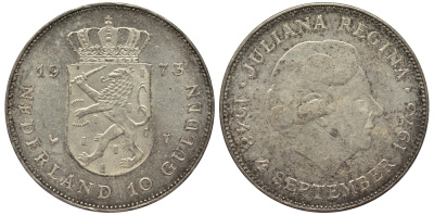 Нидерланды 10 гульденов 1973 25 лет правления королевы Юлианы KM 196 серебро аUNC 1516-1644