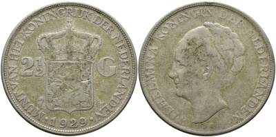 Нидерланды 2 1/2 гульдена 1929 Вильгельмина I (1890-1948), редкий год KM 165 серебро 441-1631