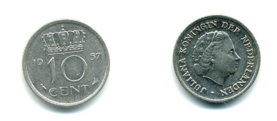 Нидерланды 10 центов 1957 Юлиана (1948-1980) KM 182 никель 76-329