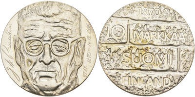 Финляндия 10 марок 1970 S-H, день рождения президента Юхо Паасикиви KM 51 серебро UNC 1523-634