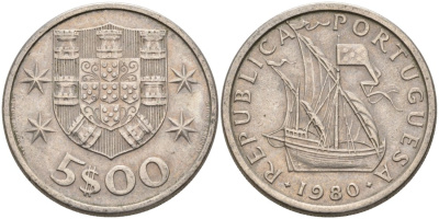 Португалия 5 эскудо 1980 парусник KM 591 медно-никель 4573-956