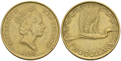 Новая Зеландия 2 доллара 1990 Елизавета II (1952-2022), большая белая цапля KM 79 алюминиевая бронза 259-1157