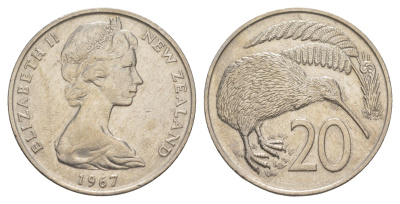 Новая Зеландия 20 центов 1967 Елизавета II (1952-2022), птичка киви KM 36 медно-никель 93-516
