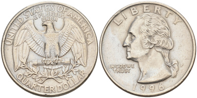 США 25 центов (квотер) 1996 P, Вашингтон KM А164а медь плакированная медно-никелем 190-424