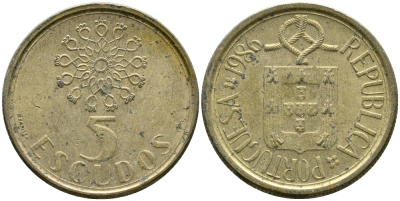 ПОРТУГАЛИЯ 5 ЭСКУДО 1986 KM 632 никель латунь 4388-454