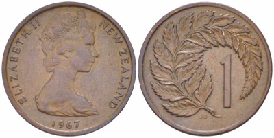 Новая Зеландия 1 цент 1967 Елизавета II (1952-2022), лист папоротника KM 31.1 бронза 105-544