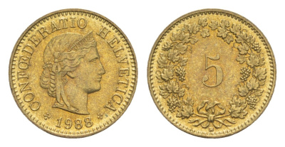 Швейцария 5 раппенов 1988 B KM 26c алюминиевая бронза 4532-713