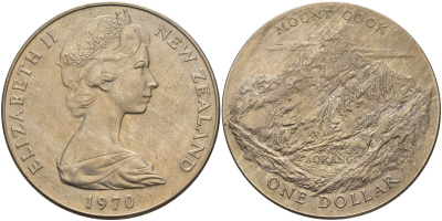 Новая Зеландия 1 доллар 1970 гора Кука, Аораки, Елизавета II (1952-2022) KM 42 медно-никель UNC 118-422