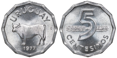 Уругвай 5 сентесимо 1977 KM 73 алюминий UNC M55-16