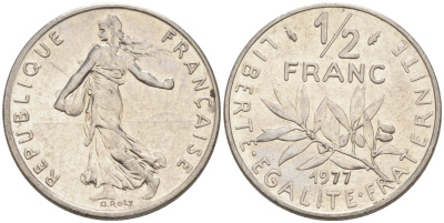 Франция 1/2 франка 1977 сеятель KM 931.1, LE FRANC 198.16 никель 55-1135