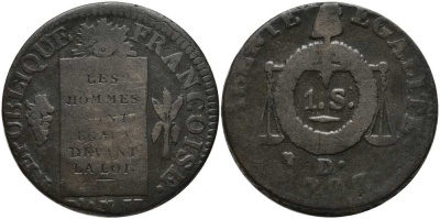Франция 1 соль 1793 D, монетный двор Лион, Людовик XVI (1774-1793), весы, конституция, голова орла влево KM 619.5 (С 122.5) бронза    633-1844