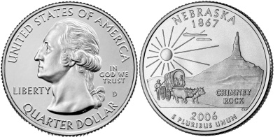 США 25 центов (квотер) 2006 D, серия штаты США, Небраска KM 383 медь плакированная медно-никелем  UNC  M20-12