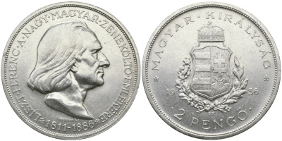 Венгрия 2 пенге 1936 50 лет со дня смерти Ференца Листа KM 515 серебро aUNC 441-1534