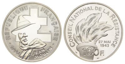 Франция 100 франков 1993 Жан Мулен. 50 лет Национального движения сопротивления, в оригинальной коробке, сертификат KM 1023 серебро  PROOF  1-6-4-49