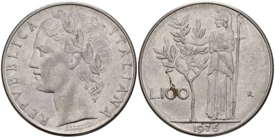 Италия 100 лир 1976 R, Афина у оливкого дерева KM 96.1 нержавеющая сталь 4149-1221