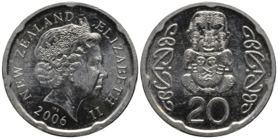 Новая Зеландия 20 центов 2006 Елизавета II (1952-2022), идол Пукаки KM 118а никелированная сталь 4579-1013