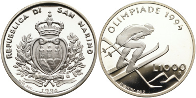 Сан-Марино 1000 лир 1994 XVII зимние Олимпийские игры в Лиллехаммере, слалом KM 316 серебро PROOF 1096-4-44