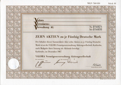 ФРГ 500 марок 1987 Акционерное общество по управлению активами Valora, десять акций   бумага  8803-114-1