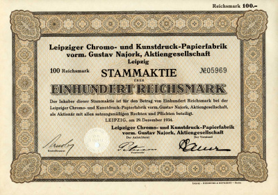 Германия 100 рейхсмарок 1934 АО Лейпцигская фабрика по производству бумаги для хромо- и художественной печати, акция   бумага 8801-55-1