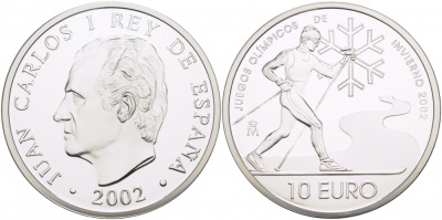 Испания 10 евро 2002 XIX зимние Олимпийские игры в Солт-Лейк-Сити , лыжник KM 1078 серебро PROOF 11-162-44