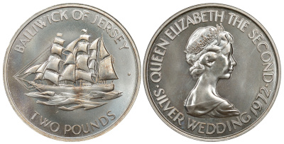 Джерси 2 фунта 1972 25 лет свадьбе Королевы Елизаветы II и Принца Филиппа KM 37 серебро UNC 1077-10-62