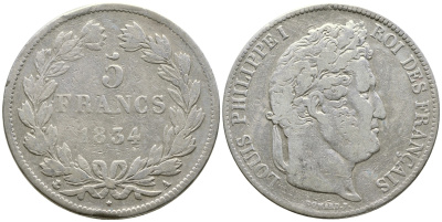 Франция 5 франков 1834 А, Луи Филипп I (1830-1848) KM 749.1 серебро 79-1032