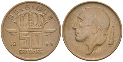 БЕЛЬГИЯ 50 САНТИМОВ 1969 BELGIQUE, БОДУЭН I (1951-1993) KM 148.1 бронза 206-213
