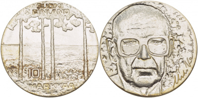 Финляндия 10 марок 1975 S-H, 75 лет президенту Урхо Кекконену KM 54 серебро UNC 1515-1523