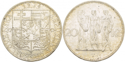 Чехословакия 20 крон 1934 три фигуры (индустрия, сельское хозяйство, бизнес) KM 17 серебро 1515-1732