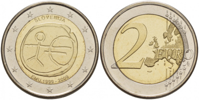 Словения 2 евро  2009 10 лет монетарной политики ЕС (EMU) и введения евро KM 82 биметалл UNC 00-00
