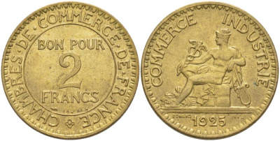 Франция 2 франка 1925 тип Chambre de commerce KM 877, Le Franc 267.7 алюминиевая бронза 3460-514