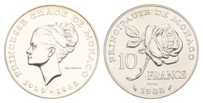 Монако 10 франков 1982 Смерть принцессы Грейс, Essai - Пробник KM E73 серебро BU 11-132-35