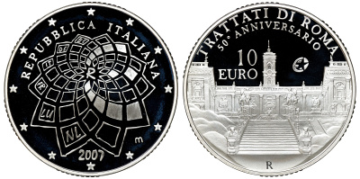 Италия 10 евро 2007 50 лет Римскому договору KM 295 серебро PROOF 4-3-5-07