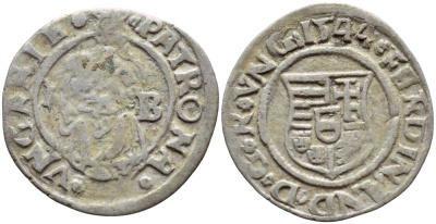 Венгрия 1 денар 1544 КВ, Фердинанд I (1526-1564), монетный двор Креница Hunzar 935 серебро    1530-244