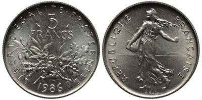 Франция 5 франков 1986 сеятель, тираж 15000 экземпляров KM 926a.1, LE FRANC 341.18 медно-никель плакированный никелем  UNC  1530-1422