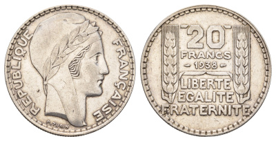 Франция 20 франков 1938 Пьер Тюрен KM 879, Le Franc 400.7 серебро 1520-421