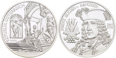 АВСТРИЯ 20 ЕВРО 2002 ПРИНЦ ОЙГЕН (1663-1736) ПЕРИОД БАРОККО, ПРИНЦ САВОЙСКИЙ KM 3098 серебро PROOF 1087-3-74