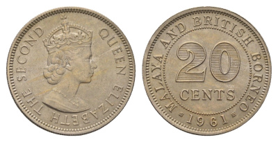 Малайя и Британское Борнео 20 центов 1961 Елизавета II (1952-2022), британские колония KM 3 медно-никель aUNC 4671-156