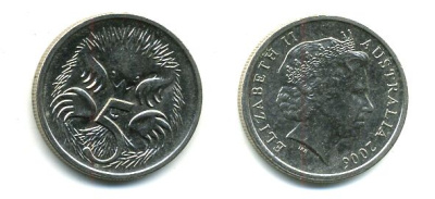 АВСТРАЛИЯ 5 ЦЕНТОВ 2006 ЕЛИЗАВЕТА II, ТРЕТИЙ ПОРТРЕТ, ЕХИДНА KM 401 медно-никель 46-2242