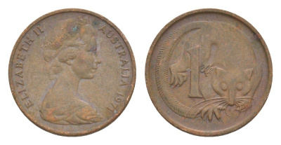 Австралия 1 цент 1970 Елизавета II (1952-2022), молодой портрет, опоссум KM 62 бронза 4585-244