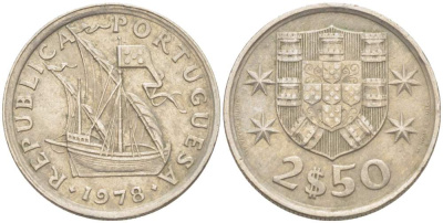 ПОРТУГАЛИЯ 2,5 ЭСКУДО 1978 ПАРУСНИК KM 590 медно-никель 4523-1057