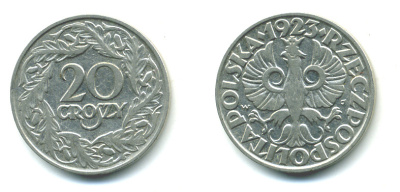 ПОЛЬША 20 ГРОШЕЙ 1923 KM 12 никель 4383-165