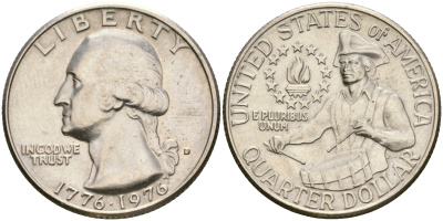 США 25 центов = квотер 1976 D, 200 лет независимости (1776-1976), Вашингтон, барабанщик KM 204 медь плакированная медно-никелем    4364-3546