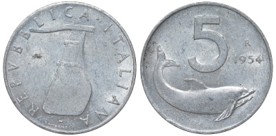 Италия 5 лир 1954 R, дельфин KM 92 алюминий 4164-418