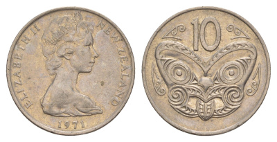 Новая Зеландия 10 центов 1971 KM 41.1 медно-никель 4179-741