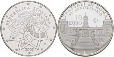 Италия 10 евро 2007 50 лет Римскому договору KM 295 серебро PROOF 02-040-43